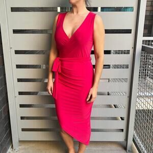 Sabora Hot Pink Asymmetrical Waist Tie Bodycon Midi Dress Size L